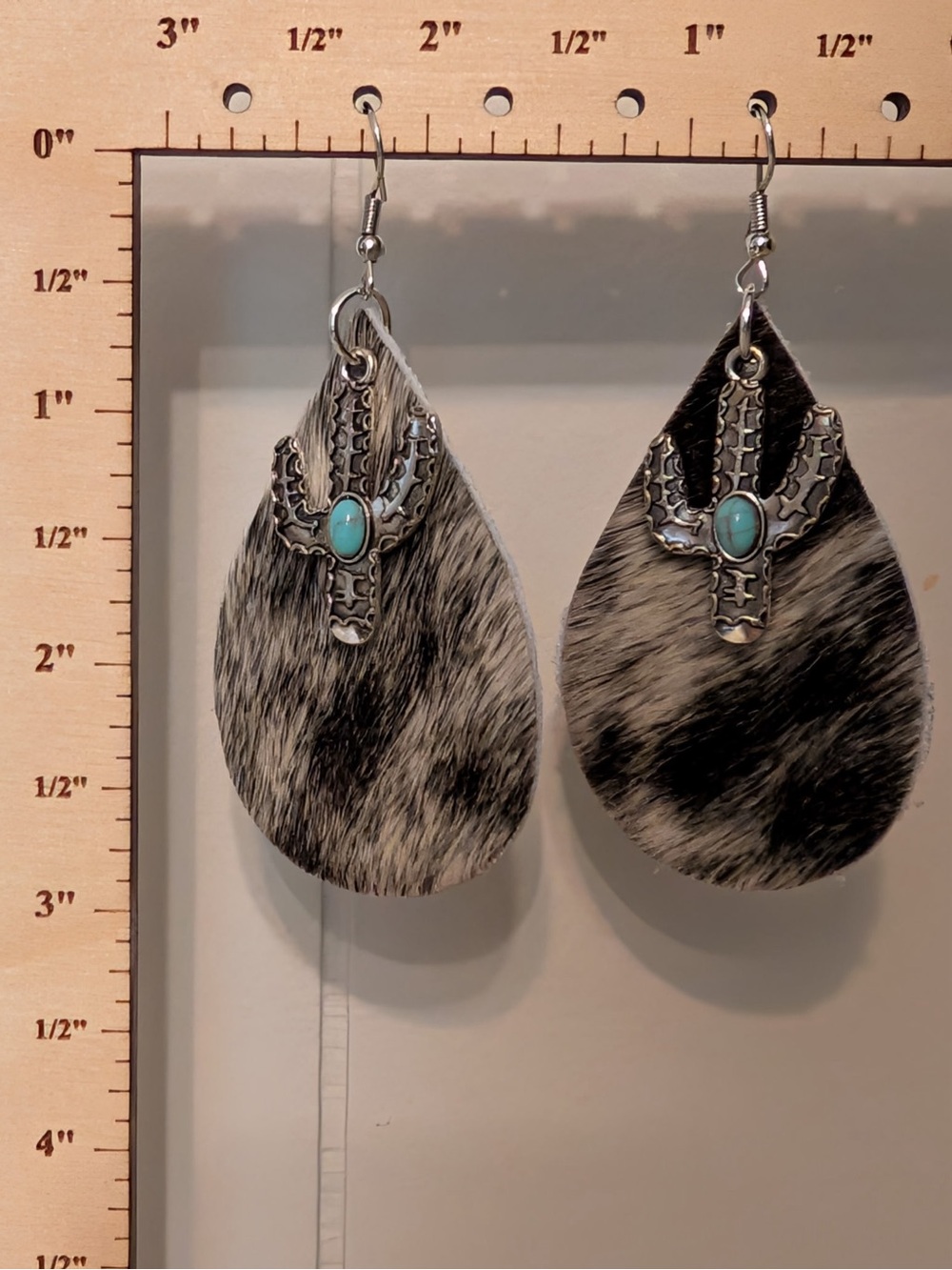 Cowhide Teardrop Earrings with Turquoise Accent Handmade